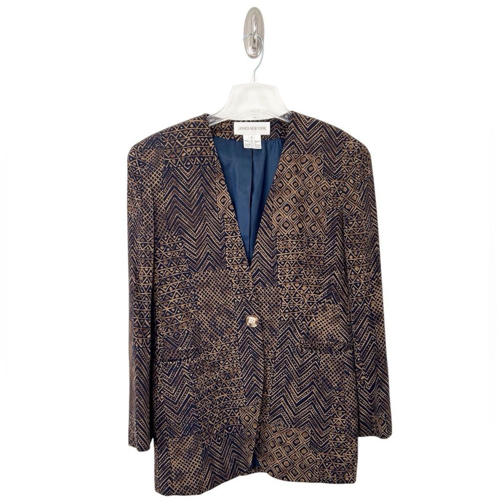 Jones New York Vintage Brown & Navy Geometric Patterned Collarless Blazer Size 8